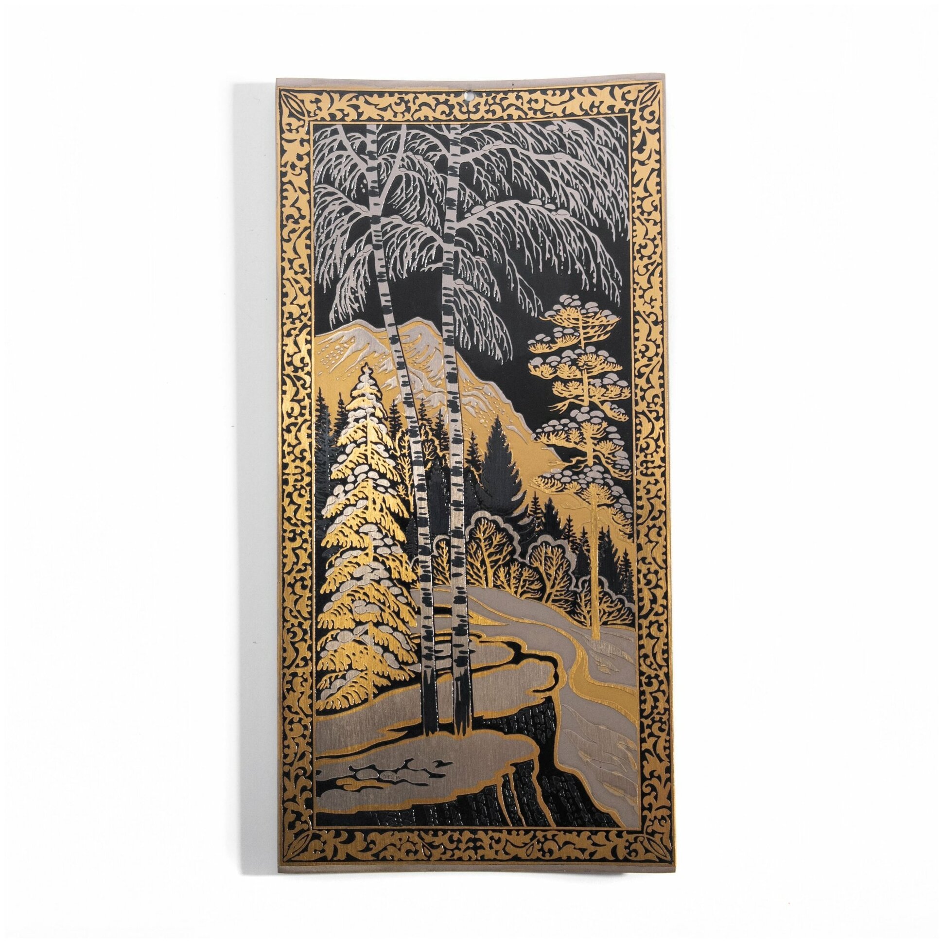 Панно декоративное с изображением зимнего пейзажа, сталь, травление