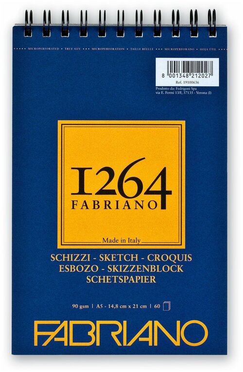 Альбом для графики Fabriano 1264 SKETCH 90г/м. кв 14,8х21 60 листов спираль по короткой стороне