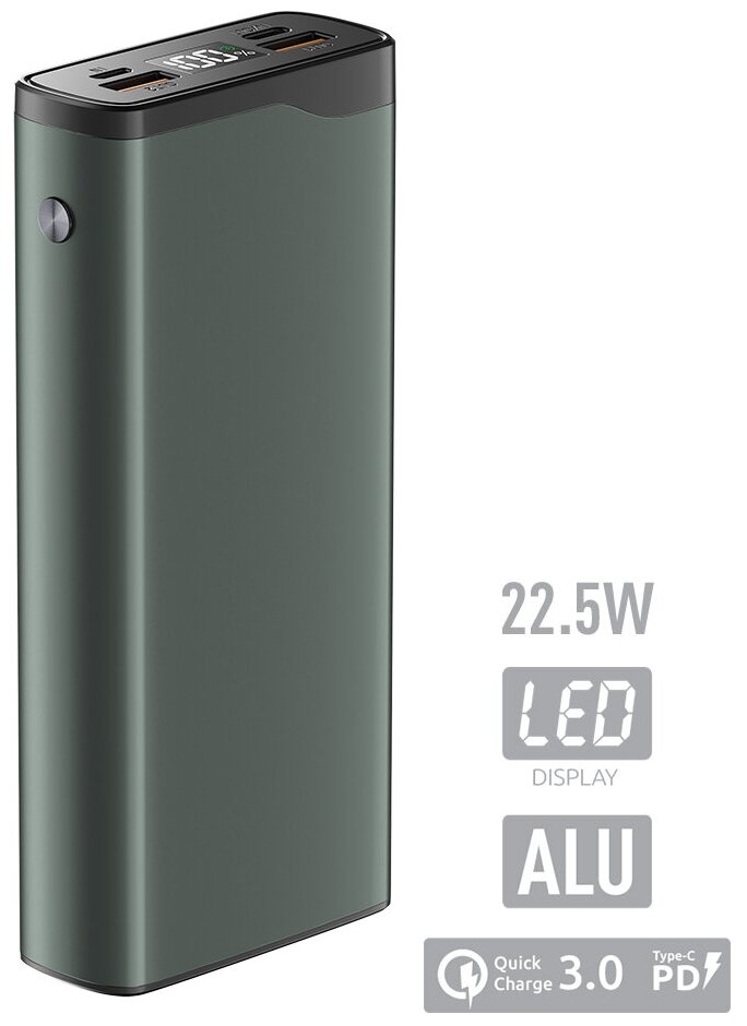 Внешний АКБ OLMIO QL-20, 20000mAh, 22.5W, QuickCharge3.0/PowerDelivery, LCD, серый