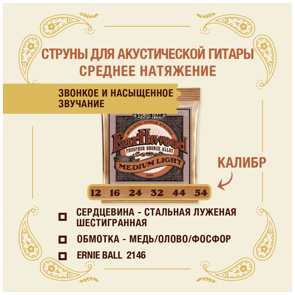 ERNIE BALL 2146 Earthwood Phosphor Bronze Medium Light 12-54 Струны для акустической гитары