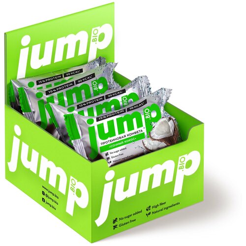 фото Протеиновые конфеты jump "сочный кокос", без сахара , глютена и консервантов, (8 шт.). протеиновые фитнес-батончики