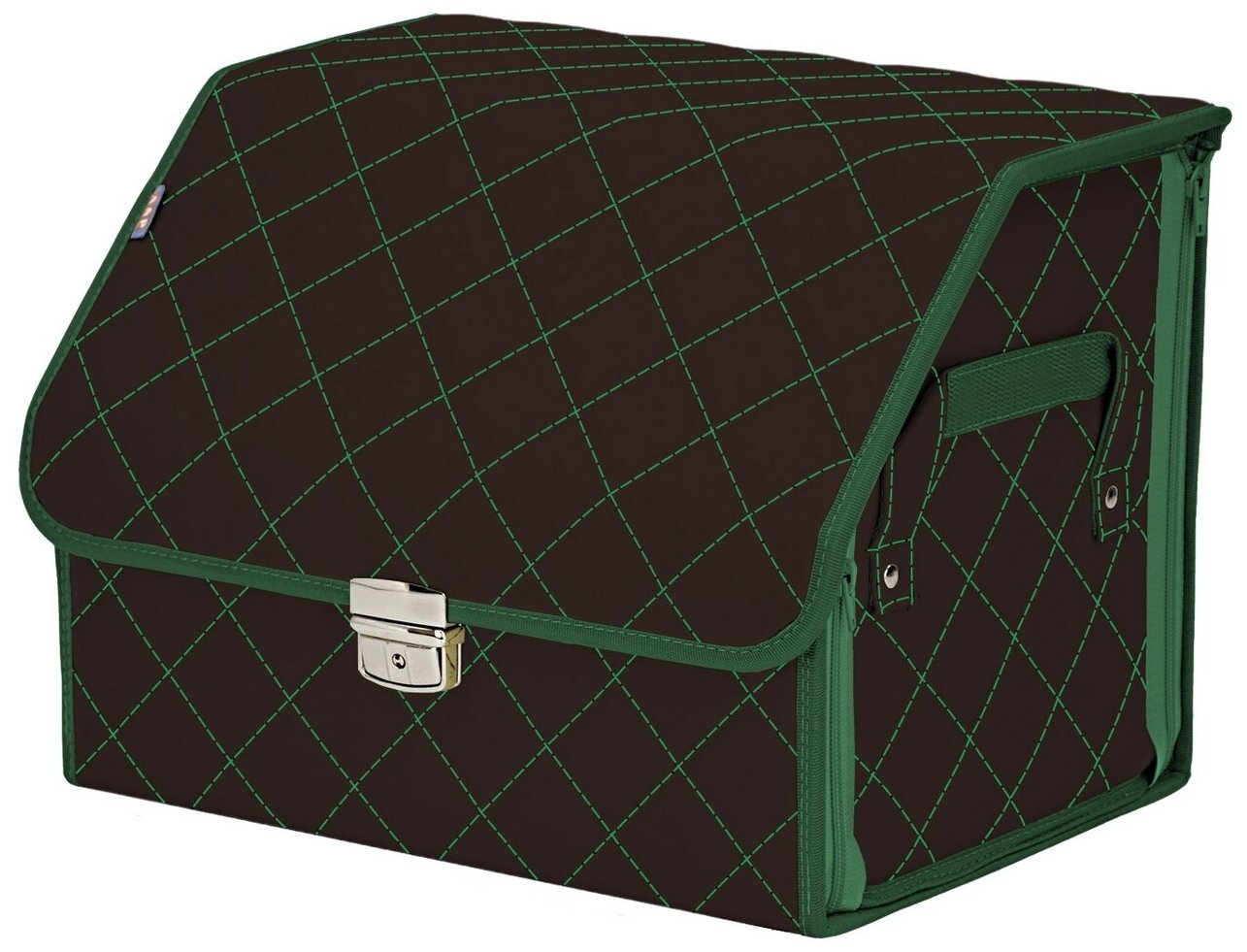Органайзер-саквояж в багажник "Союз Премиум" (размер M). Цвет: коричневый с зеленой прострочкой Ромб.