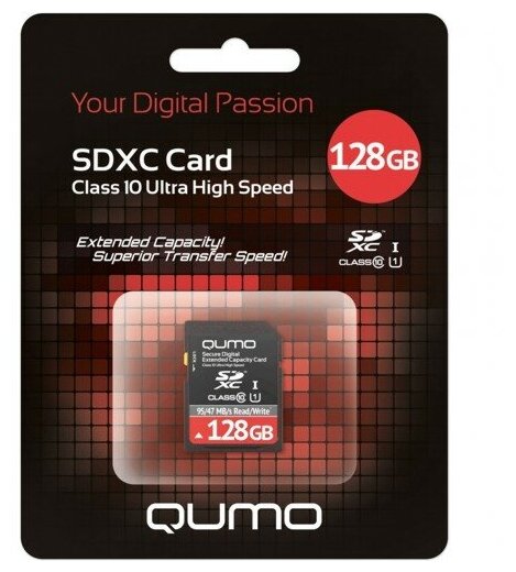 Карта памяти microSDXC Qumo QM128GMICSDXC10U1 128 Гб класс 10 UHS-I - 90*20 МБ/с UHD Video 4K - с адаптером SD