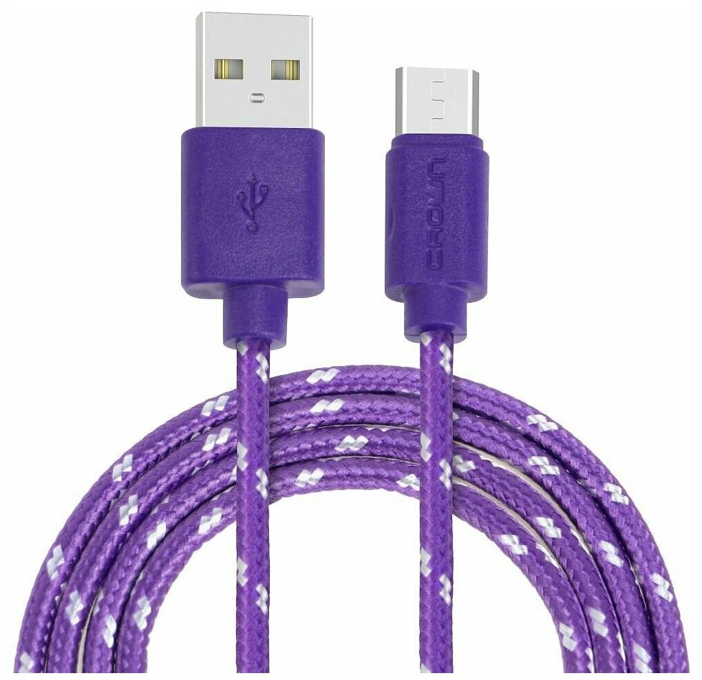Кабель USB 2.0 A - USB Type-C (m-m), 1м 2А круглый в тканевой оплётке фиолетовый Crown CMCU-3042C violet коробка