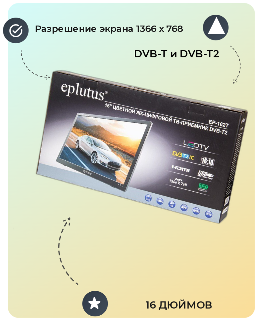 Телевизор с цифровым тюнером DVB-T2 16“ Eplutus EP-162Т