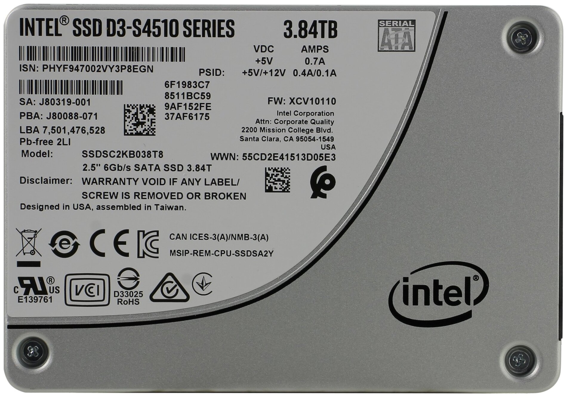 SSD накопитель Intel 2.5 D3-S4510 3840 Гб SATA III (SSDSC2KB038T801) - фото №2