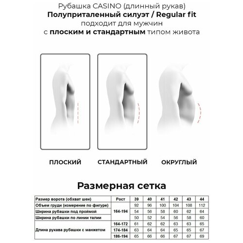 фото Рубашка мужская длинный рукав casino c304/1/2925/z, полуприталенный силуэт / regular fit, цвет серый, рост 174-184, размер ворота 39