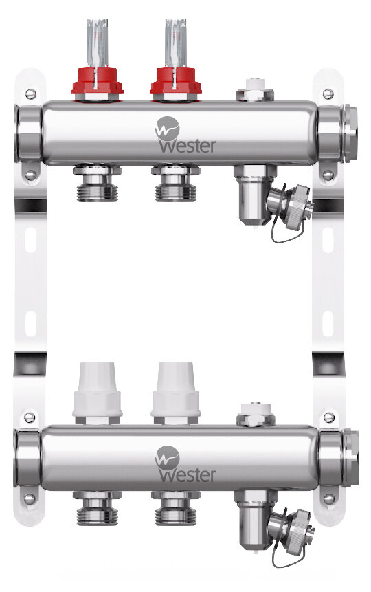 Коллектор 1" из нерж. стали на 2 выходов 3/4"ЕК с расходомерами группа в сборе Wester MUFS2134 0-32-1500