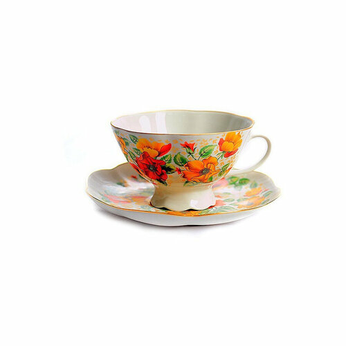 Чашка чайная с блюдцем Промыслы Вербилок Восточная принцесса Оранжевое лето 270 мл, фарфор