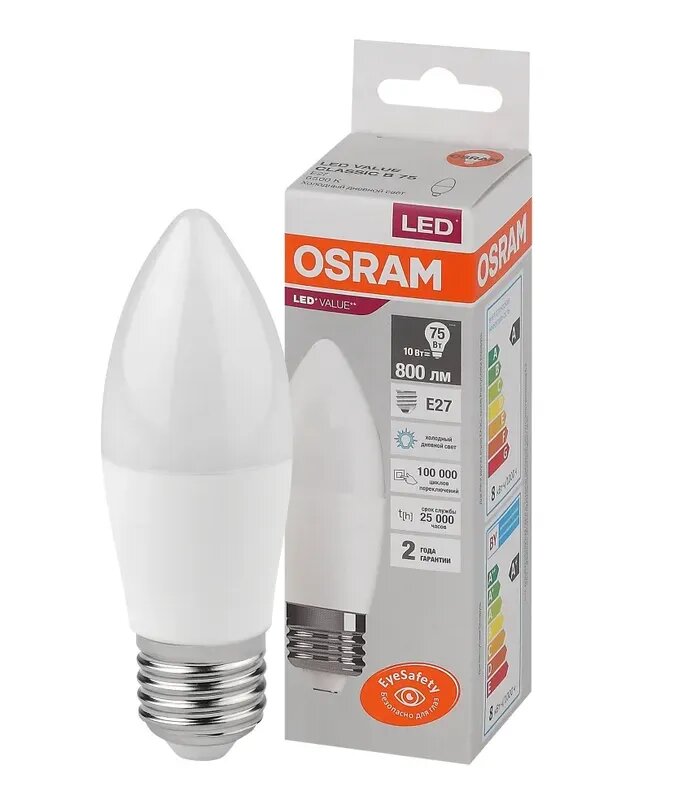 фото Лампочка светодиодная OSRAM Свеча B E27 10Вт 220В 800Лм 6500К Холодный белый, упаковка 1шт