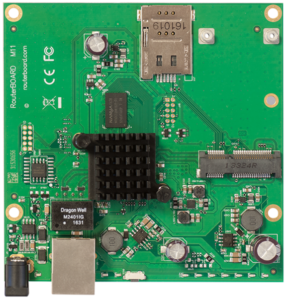 MikroTik RBM11G Плата, 2x 880 МГц, 1G Ethernet, miniPCIe, SIM, PoE, Jack