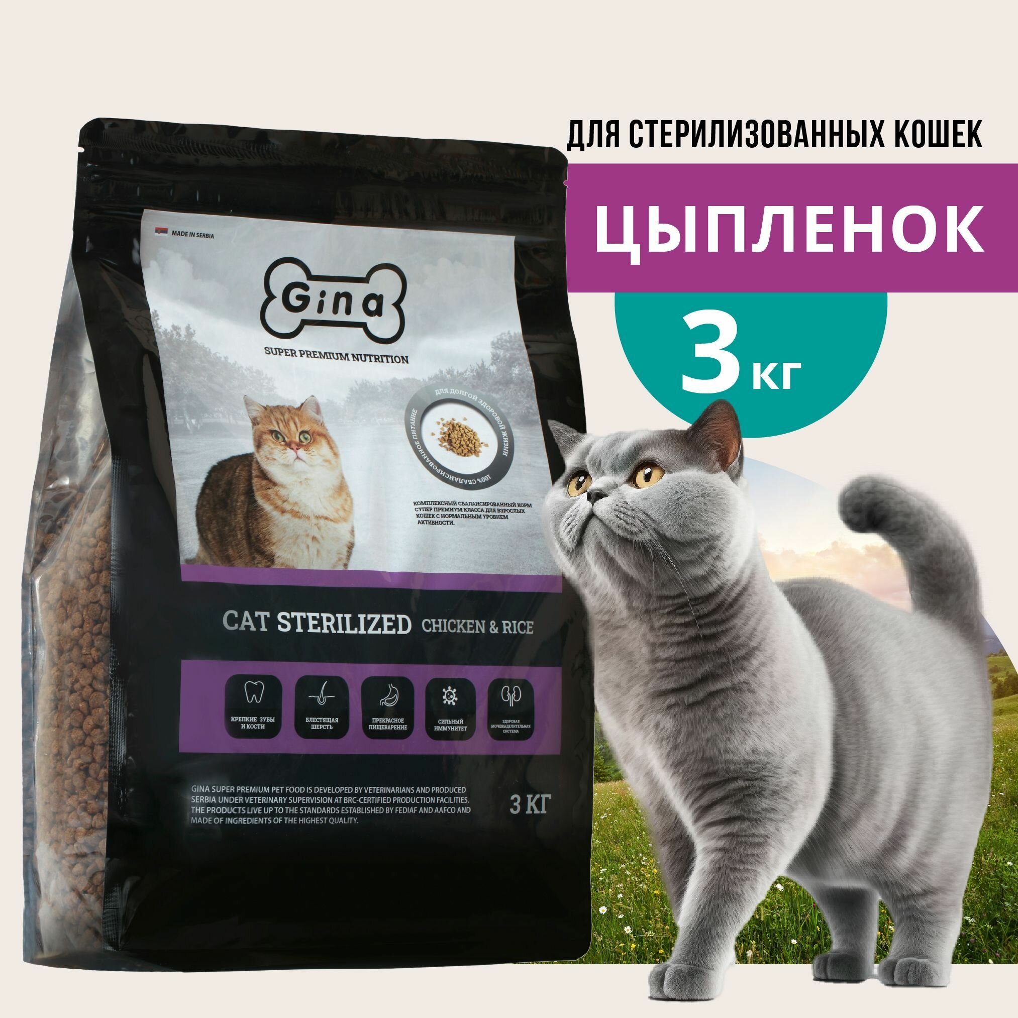 Корм для кошек сухой Gina Cat Sterilized Chicken & Rice курица, рис, 3 кг