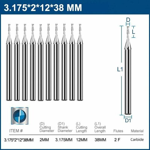Набор фрез концевая двухзаходная XCAN, 3.175х2х12х38 мм, 10 шт.