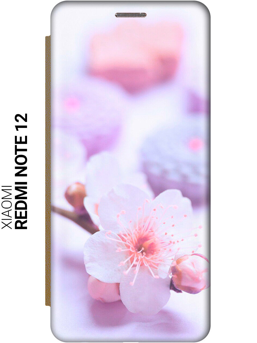 Чехол-книжка на Xiaomi Redmi Note 12 / Сяоми Редми Ноут 12 с рисунком "Цветок вишни" золотистый