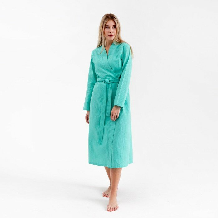 фото Халат вафельный женский удлинённый Экономь и Я размер 50-52, цвет бирюзовый, 100% хлопок, 200г/м2