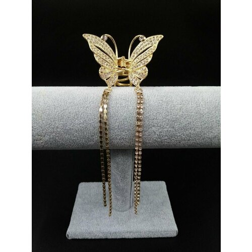Металлическая заколка краб Бабочка со стразами и подвесами, цвет золото