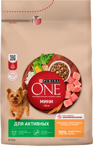 Корм сухой для собак PURINA ONE Мини Активная с курицей и рисом, для малых пород, 3кг