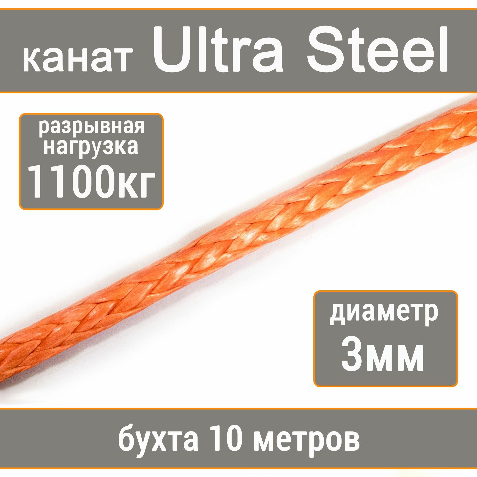 Высокопрочный синтетический канат UTX Ultra Steel 3мм р. н. не менее 1100кг из волокна UHMWPE, длина 10 метров