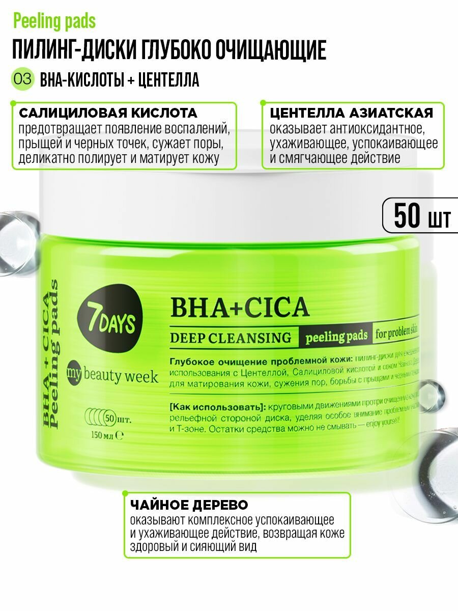 Пилинг-диски для лица 7 Days My beauty week глубоко очищающие BHA+CICA 150 мл - фото №2