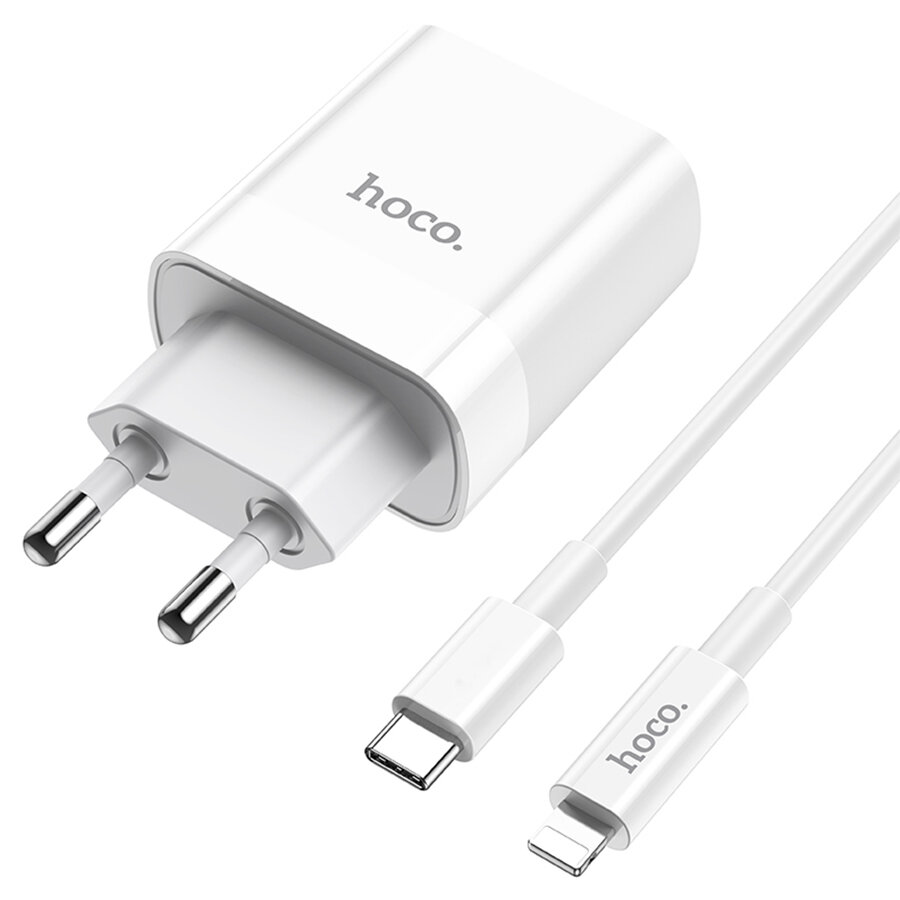 Сетевое зарядное устройство HOCO C80A Rapido 1xUSB + 1xUSB-C с Кабелем Type-C - Lightning, 3.1A, 20W, белый — фото 1