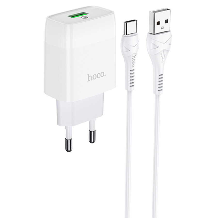 Сетевое зарядное устройство HOCO C72Q Glorious 1xUSB с Кабелем USB - Type-C, 3.0A, 18W, белый