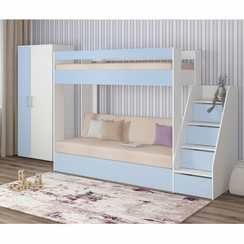 Кровать двухъярусная с диваном и лестницей-комодом Есэндвич new Лаворо, 248х87х174 см (Белый/Серенити/Savana Plus Ivory)