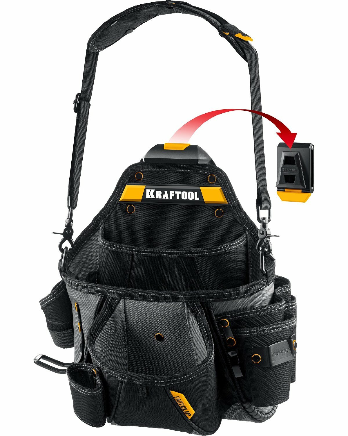 KRAFTOOL KPB-20 с быстросъемным креплением FastClip плечевой ремень 20 карманов и петель 320 х 310 мм поясная сумка (38767) (38767)