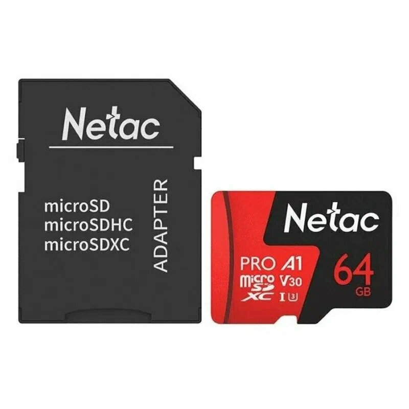 Карта памяти Netac microSDXC 64 ГБ Class 10, V30, A1, UHS-I U3, R 100 МБ/с, адаптер на SD, 1 шт, черный/красный