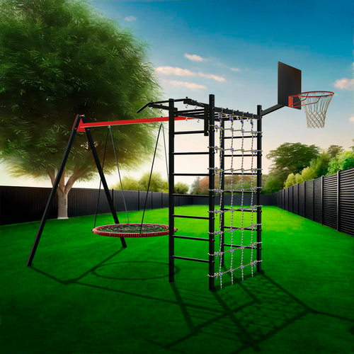 Уличный спортивно-игровой комплекс Sv Sport У3253К (ступени Чёрные / Качели-гнездо 1.0м / Подвесы для качелей на подшипниках 1 комп.)