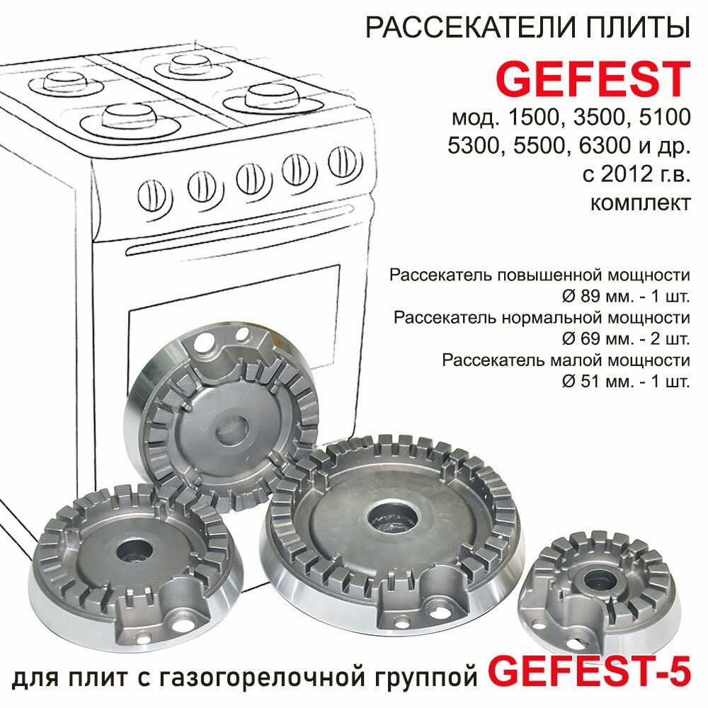 Конфорки газовой плиты GEFEST моделей 1500, 3500, 5100, 5300, 5500, 6300, комплект Gefest-5 с розжигом