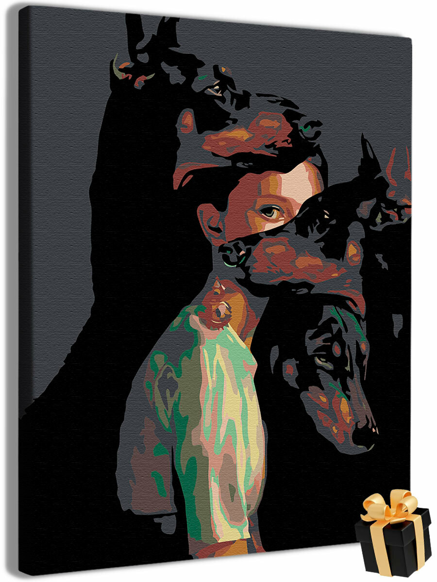 Картина по номерам "Девушка и собаки Доберман" холст на подрамнике 40х50