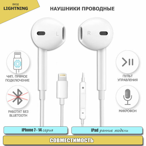 Наушники EarPods для iPhone 7 -14, проводные с Lightning разъемом, Белые наушники вкладыши dream ep1 earpods красная на русском