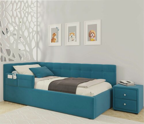 Изображение товара Односпальная кровать-тахта Bonna 900 Zeppelin с защитным бортиким синяя с подъемным механизмом, 90x200, мягкая из велюра, с ящиком для хранения, угловая