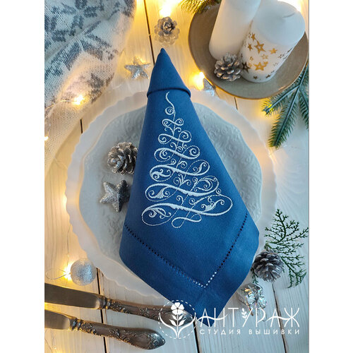 Новогодний сувенир Синяя салфетка с вышивкой Новогодняя Елочка и мережкой 43*43см от ANTURAG-VISHIVKA