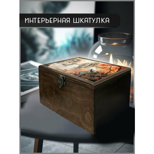 Шкатулка интерьерная для украшений универсальная 22x17x12 см искусство Китайская живопись Гохуа пейзаж журавль водопад осень атмосфера - 2243 3190₽