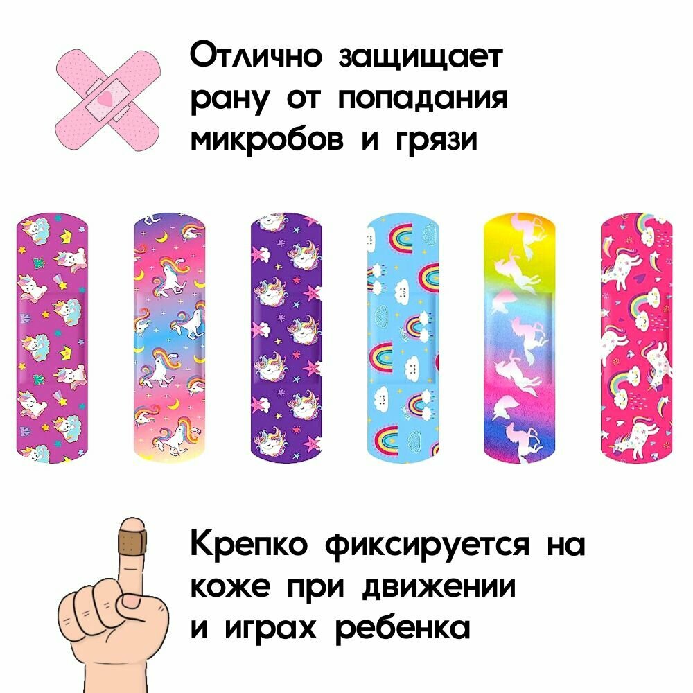 Картинки Пластырь детский бактерицидный с рисунком Единорог. Набор №3. Размер 72х19 мм, 30 штук, лейкопластырь на полимерной основе.