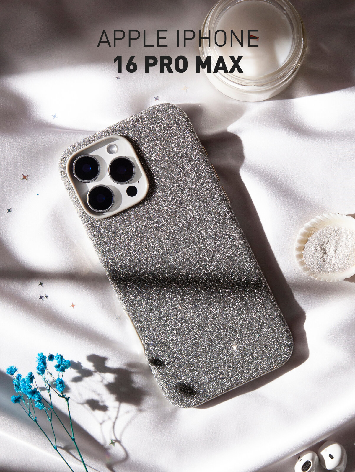 Люксовый блестящий чехол Rosco на Apple iPhone 16 Pro Max (Айфон 16 Про Макс) с кристаллами, серебристый