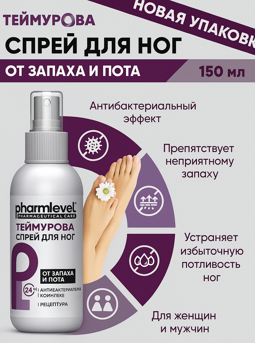Спрей Теймурова, дезодорант для ног, подмышки и обуви от грибка пота и запаха, 150 мл