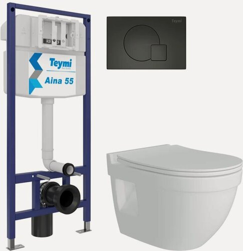Изображение товара Комплект 3 в 1 Унитаз подвесной Teymi Vitra Pro T40806 / Инсталляция Aina 1220067 / Кнопка Ellie T70023BM цвет матовый черный