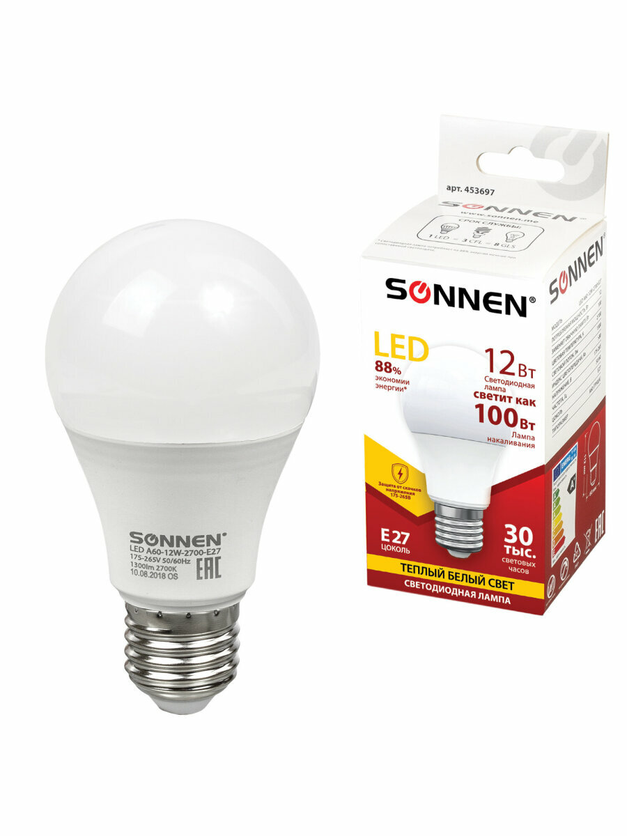 Лампа светодиодная Sonnen 12 (100) Вт цоколь Е27 груша теплый белый свет 30000 ч Led A60-12W-2700-E27 453697