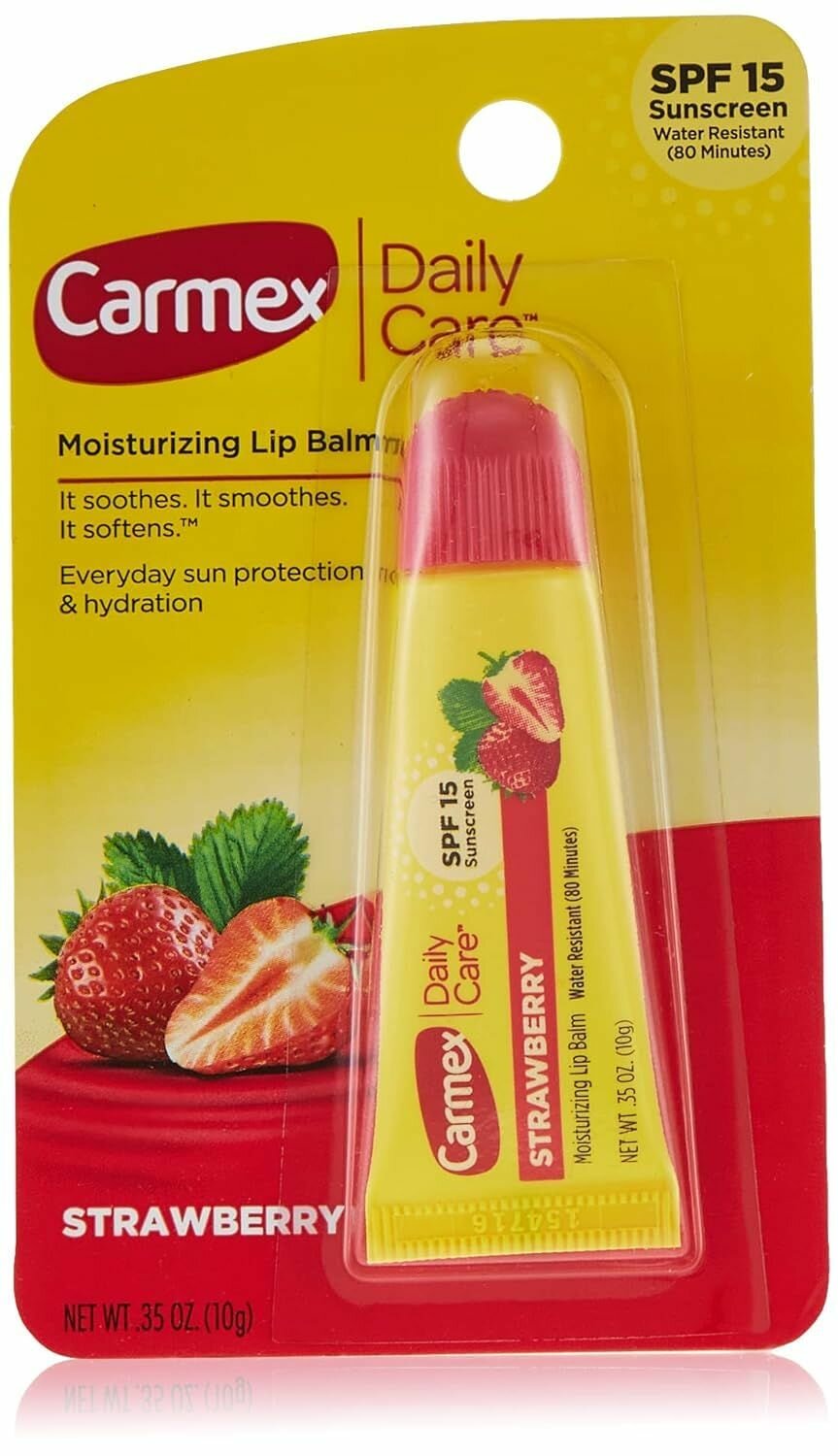 Бальзам для губ Carmex Daily Care Strawberry SPF 15, увлажняющая гигиеническая помада со вкусом клубники (Тюбик)