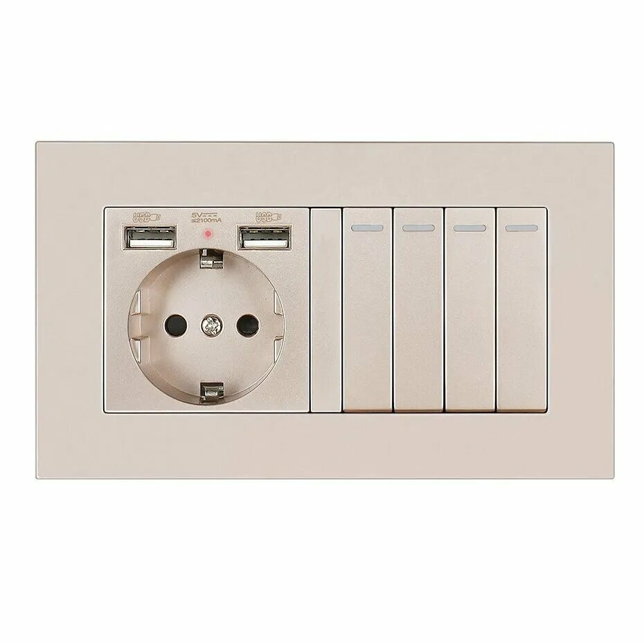 Выключатель механический с розеткой, 2 USB ,1 розетки 1 клавиша ,146mm, Золотая Пластиковые панели