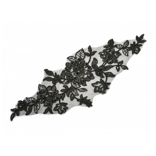 Аппликация пришивная Kruzhevo с пайетками и бусинами, 2 шт, цвет 01, черный, 295х120 мм (TBY.DE656L.1)