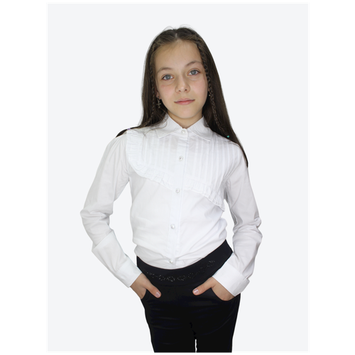Школьная блуза , прямой силуэт, на пуговицах, длинный рукав, без карманов, стрейч, однотонная, размер 134, белый