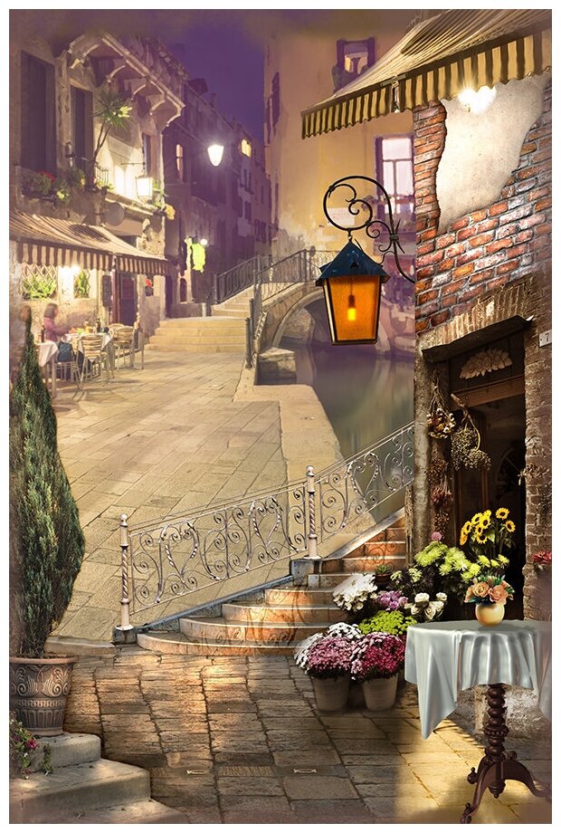 Фотообои Уютная стена "Ресторанная улочка ночью" 180х270 см Бесшовные Премиум (единым полотном)