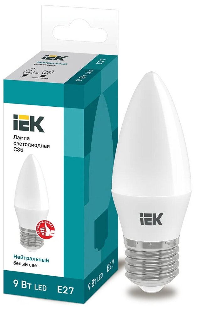 IEK Лампа светодиодная свеча IEK C35 E27 9W 4000K LLE-C35-9-230-40-E27