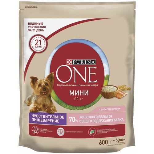 Сухой корм Purina ONE Мини Чувствительная для взрослых собак мелких пород с чувствительным пищеварением, с лососем и рисом 600 г х 2 шт alphapet superpremium 3 кгсухой корм для взрослых собак мелких пород с чувс пищ с ягн