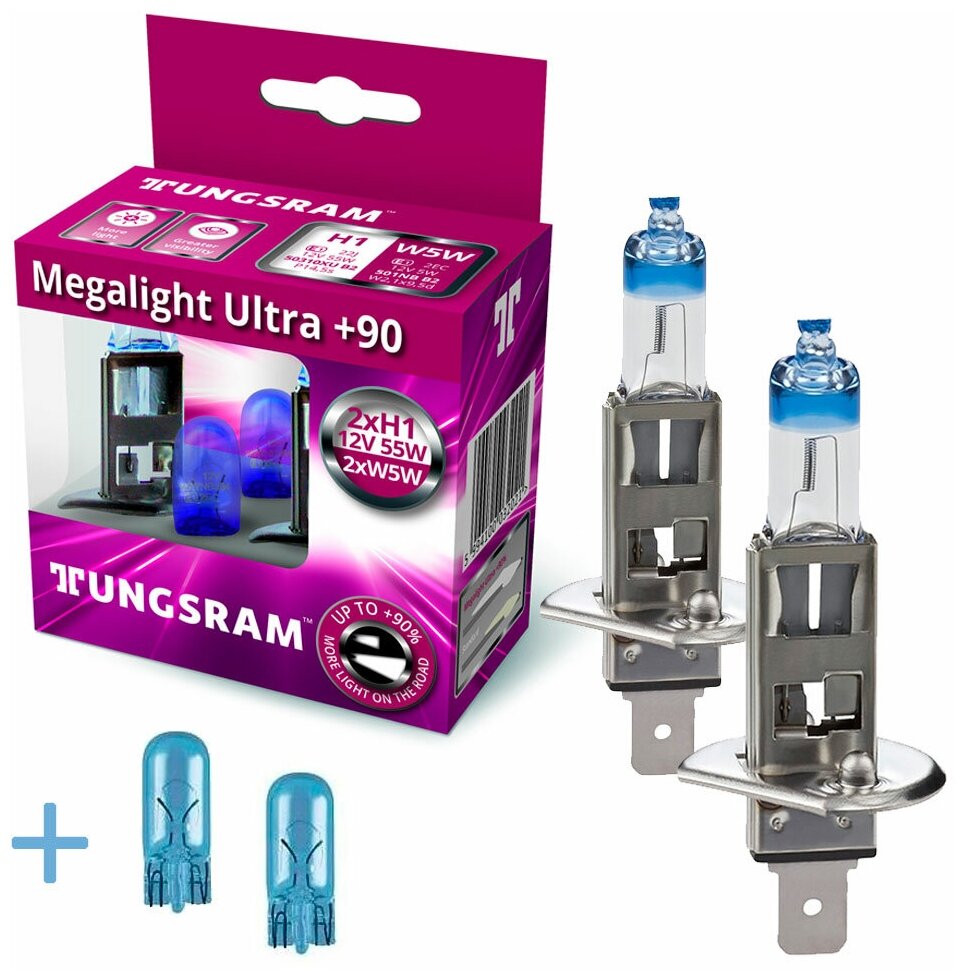 Набор галогенных ламп Tungsram H1 Megalight Ultra +90% 93113953 (50310XU KIT) 2 шт. + 2 шт. W5W
