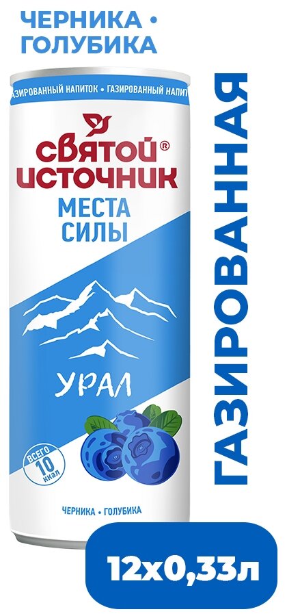 Вода Святой источник Места силы Урал газированная 0,33 с ароматом ирги, голубики и экстрактом черники 12 штук железная банка - фотография № 2