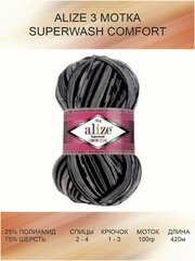 Пряжа ALIZE Superwash Comfort Ализе Супервош: 2695 (черно-серая) / 3 шт / 420 м / 100 г / 75% шерсть, 25% полиамид